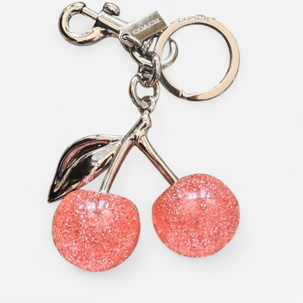 Coach Glitter Cherry Keychain in Coral Pink and Silver